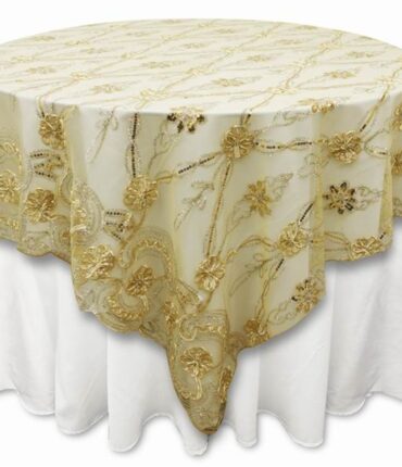 72"x72" Extravagant Fashionista Table Overlays - Champagne Lace Netting