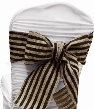 5pc x Stripe Rustic Burlap Chair Sash - Natural Tone w Navy Blue