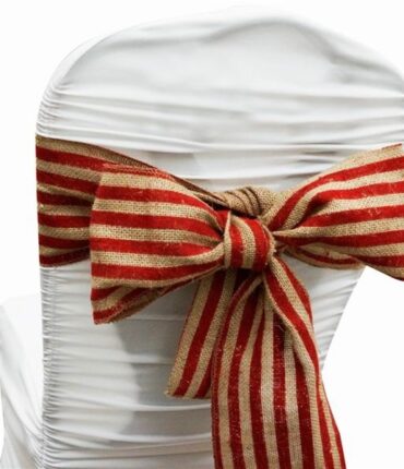 5pc x Stripe Rustic Burlap Chair Sash - Natural Tone w Red